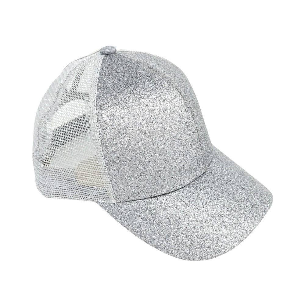 Silver Glitter High Ponytail CC Ball Cap Hat